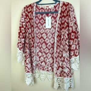 Solitaire Anthro Red Open front Kimono Zigzag pattern Crochet Trim Flare Small